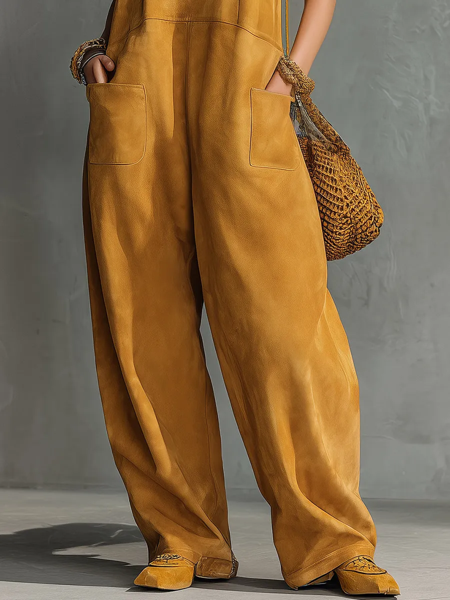 Retro Western Style Round Neck Sleeveless Faux Suede Jumpsuit sold by Oyrosy product image thumbnail 4