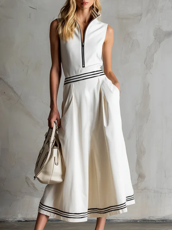 Elegant Sporty Striped Trim  White Cotton Sleeveless Midi Dress sold by Oyrosy