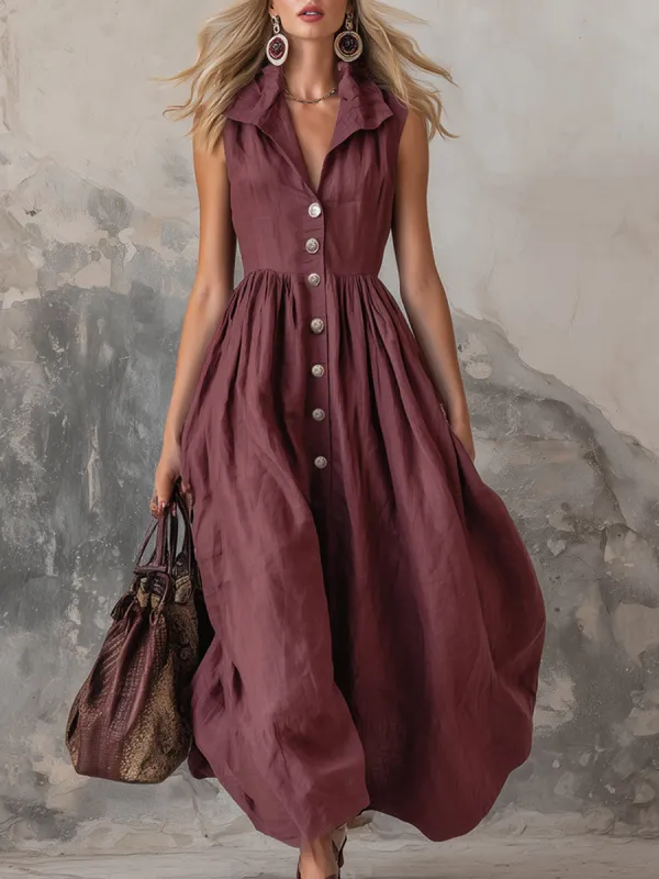 Elegant Zinfandel-colored Cotton And Linen Sleeveless Maxi Dress made by Oyrosy
