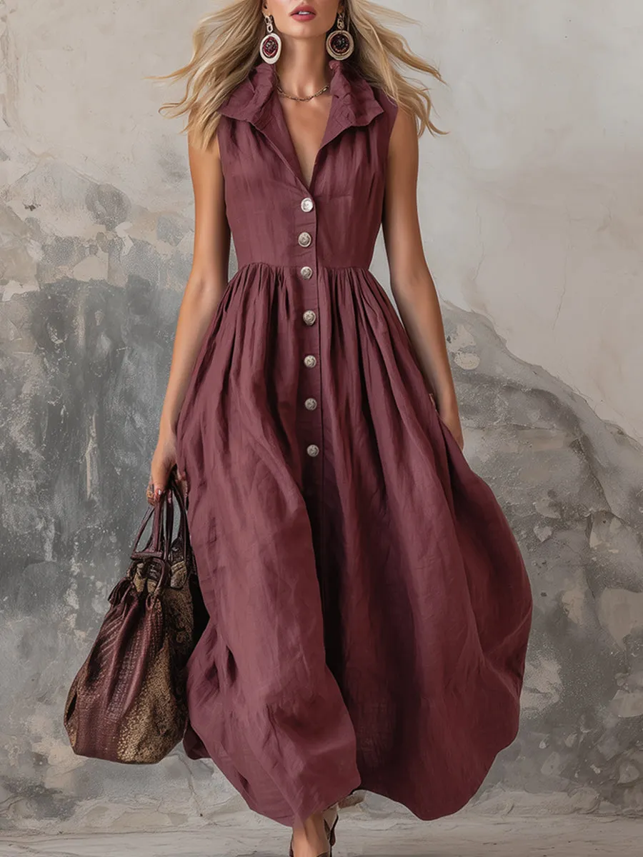 Elegant Zinfandel-colored Cotton And Linen Sleeveless Maxi Dress sold by Oyrosy