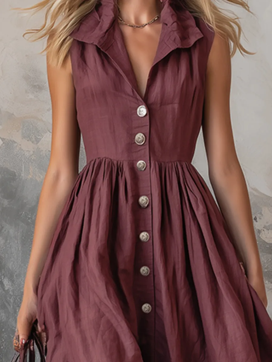 Elegant Zinfandel-colored Cotton And Linen Sleeveless Maxi Dress sold by Oyrosy product image thumbnail 3