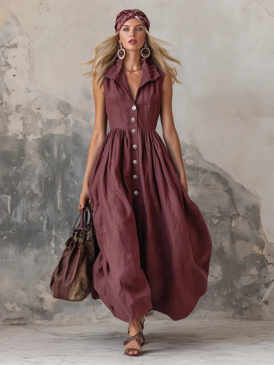 Elegant Zinfandel-colored Cotton And Linen Sleeveless Maxi Dress sold by Oyrosy product image thumbnail 2