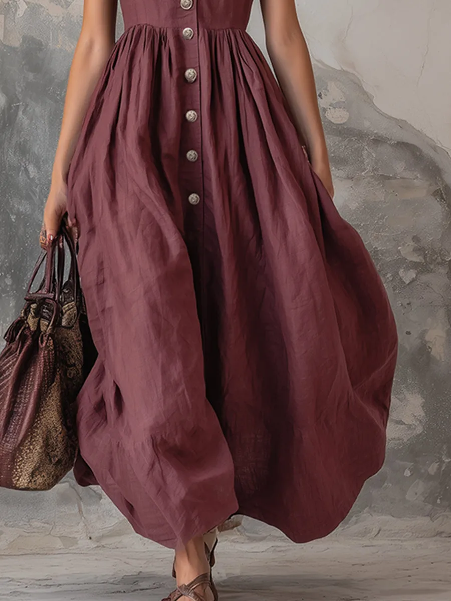 Elegant Zinfandel-colored Cotton And Linen Sleeveless Maxi Dress sold by Oyrosy product image thumbnail 4