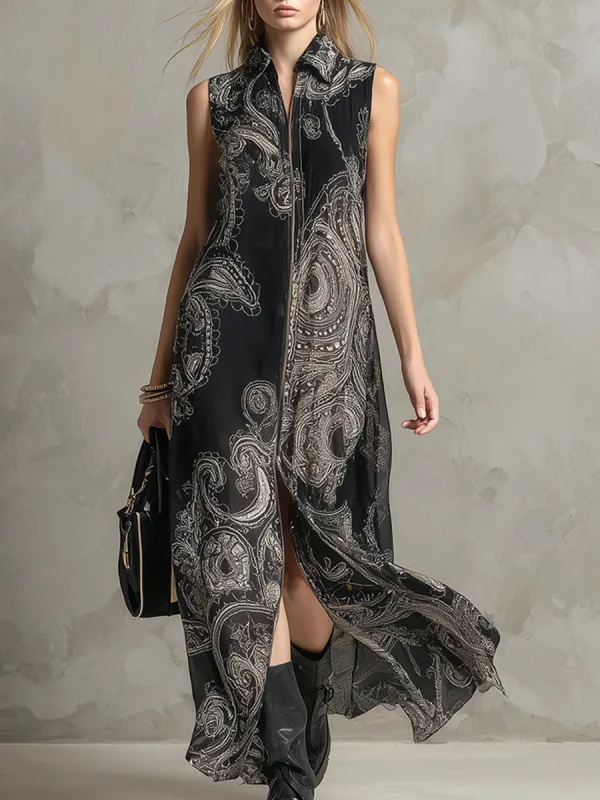 Vintage Elegant Lapel Collar Front Zipper Black Printed Chiffon Sleeveless Maxi Dress sold by Oyrosy