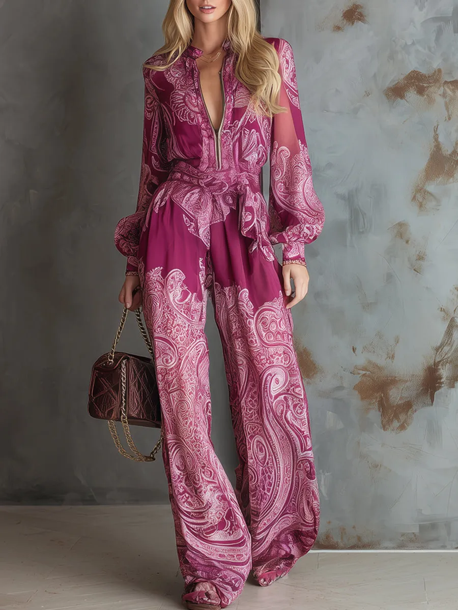 Elegant And Modern Hot Pink Printed Chiffon Long-sleeved Wide-leg Jumpsuit sold by Oyrosy