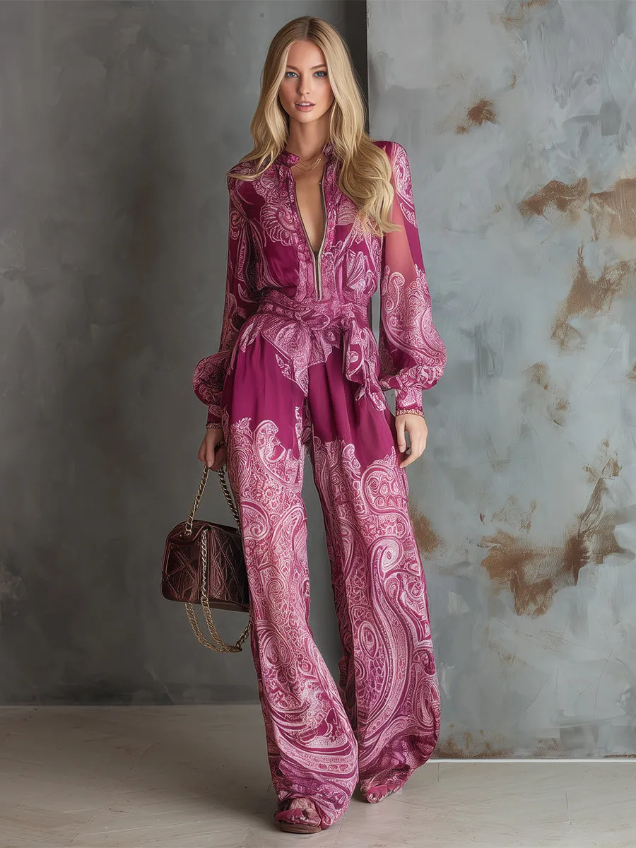 Elegant And Modern Hot Pink Printed Chiffon Long-sleeved Wide-leg Jumpsuit sold by Oyrosy product image thumbnail 2