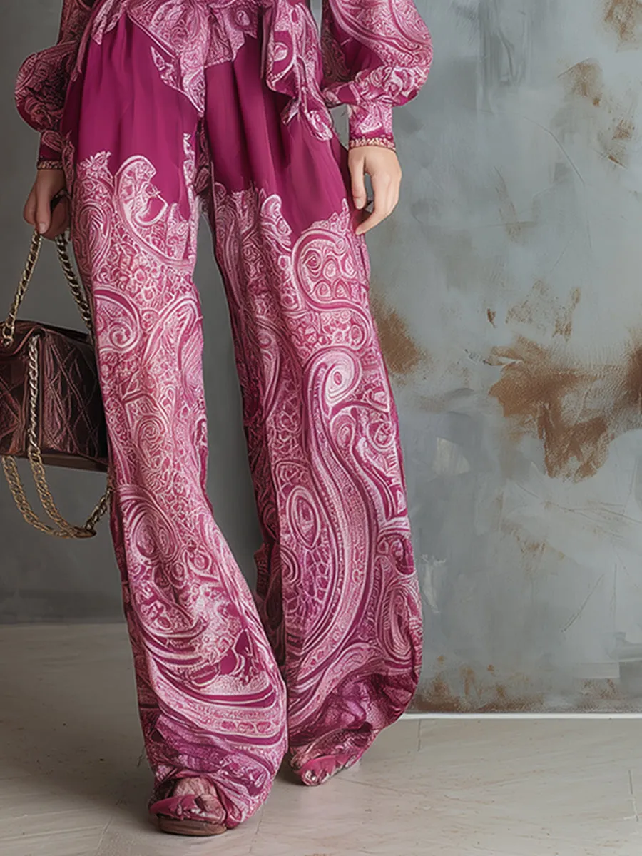 Elegant And Modern Hot Pink Printed Chiffon Long-sleeved Wide-leg Jumpsuit sold by Oyrosy product image thumbnail 4