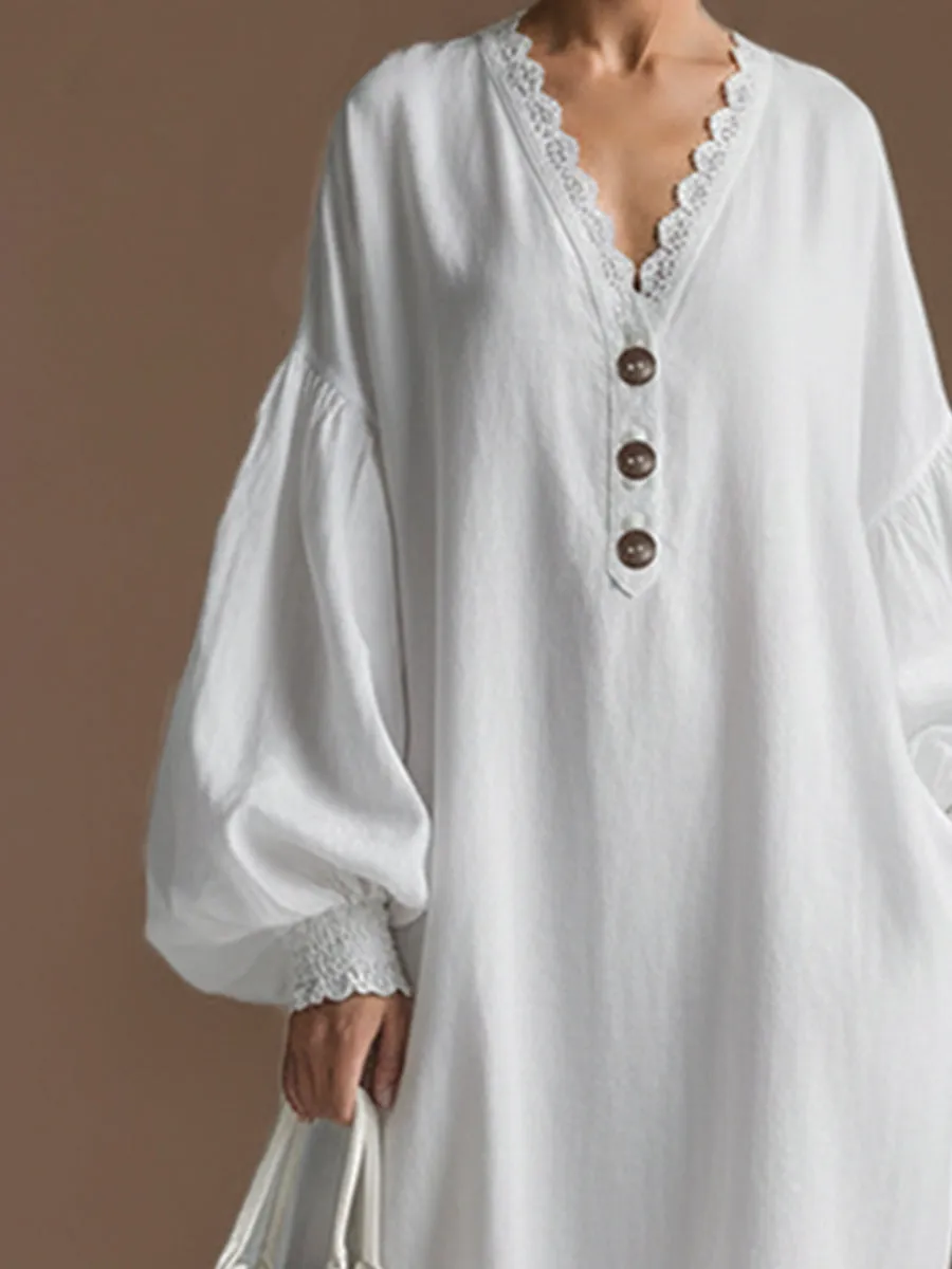 Elegant Urban Silhouette Lace Trim White Cotton And Linen Long-sleeved Maxi Dress sold by Oyrosy product image thumbnail 3