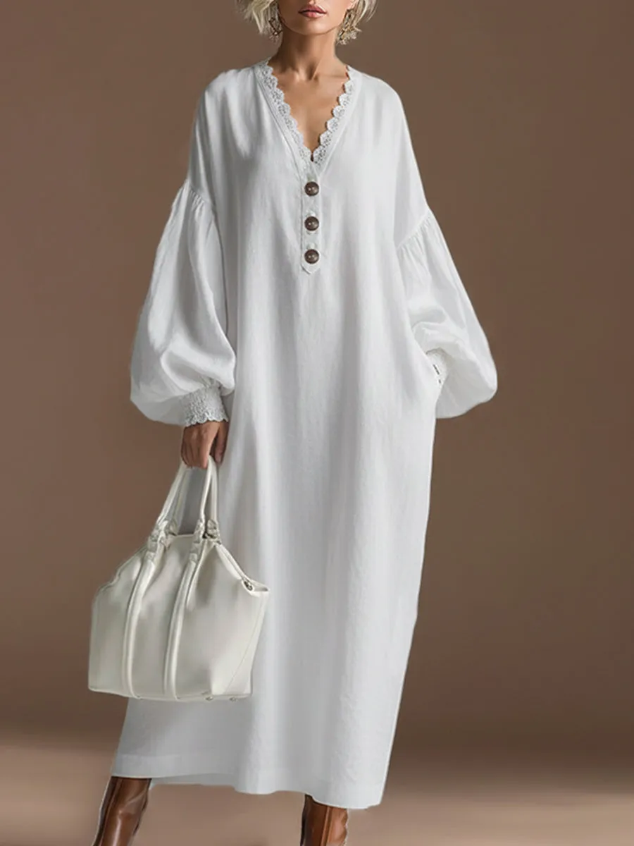 Elegant Urban Silhouette Lace Trim White Cotton And Linen Long-sleeved Maxi Dress sold by Oyrosy