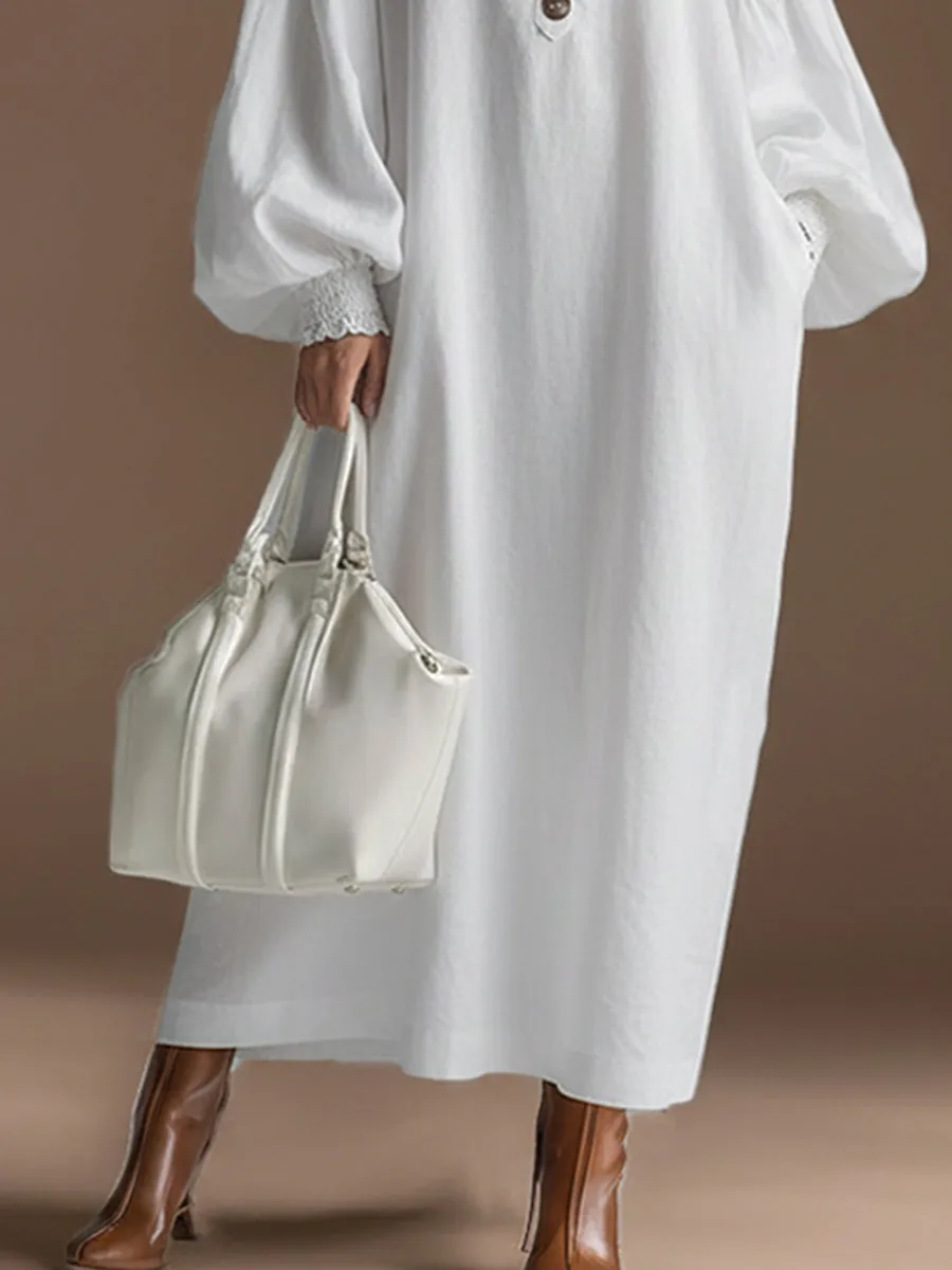 Elegant Urban Silhouette Lace Trim White Cotton And Linen Long-sleeved Maxi Dress sold by Oyrosy product image thumbnail 4