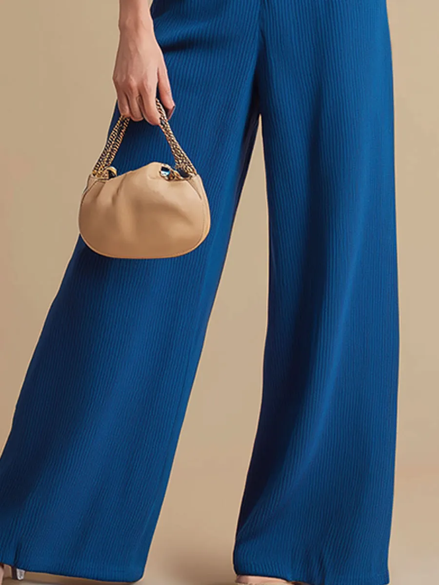 Casual And Elegant Blue Short-sleeved Button-down Top And Wide-leg Knitted Set sold by Oyrosy product image thumbnail 4