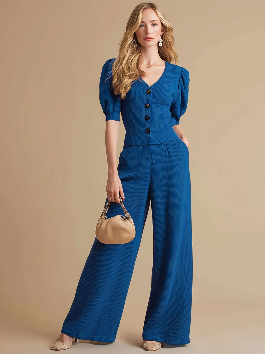 Casual And Elegant Blue Short-sleeved Button-down Top And Wide-leg Knitted Set sold by Oyrosy product image thumbnail 2