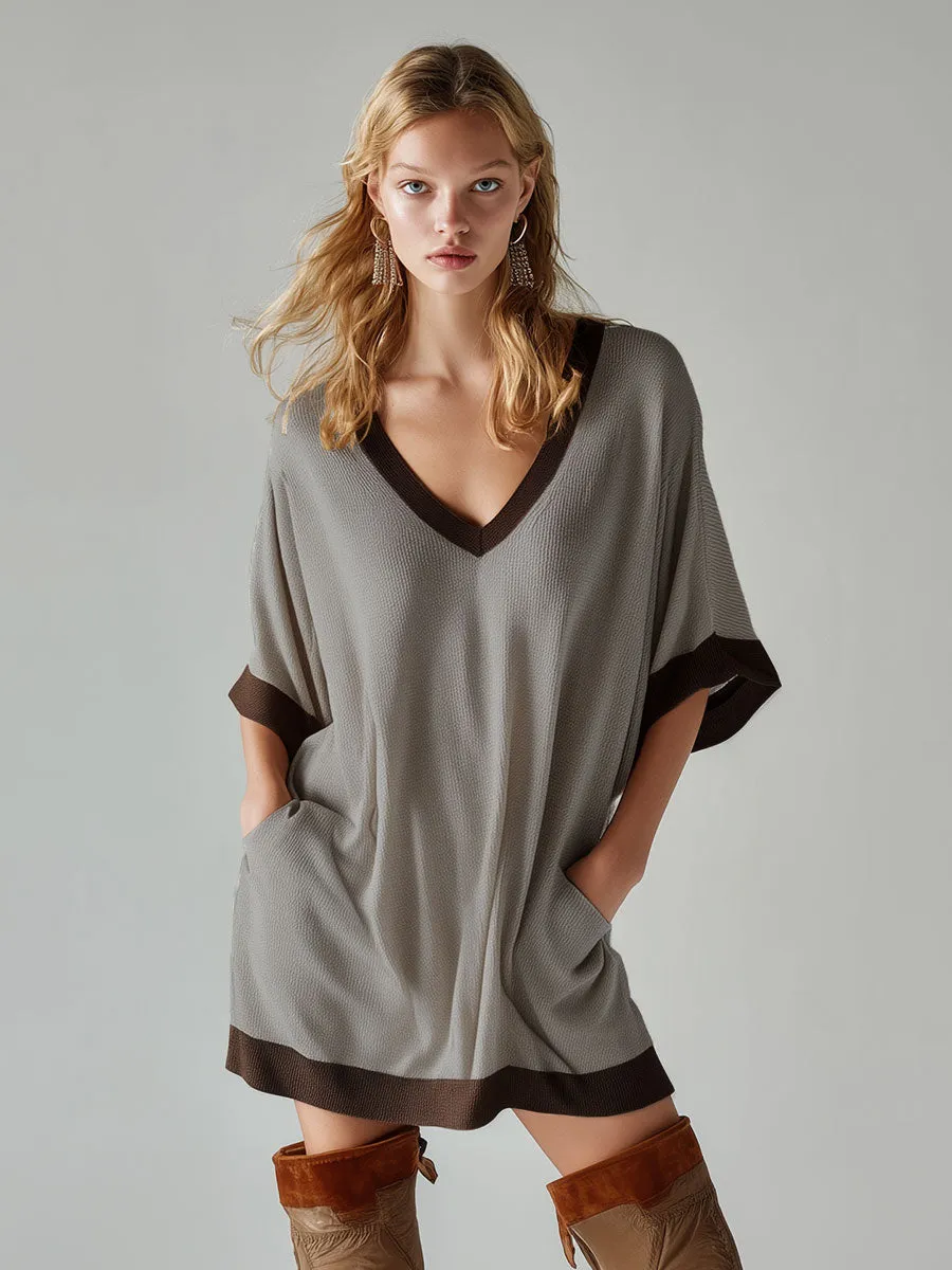 Stylish Loose-fitting Brown-trimmed Grey V-neck Knit Mini Dress sold by Oyrosy product image thumbnail 2