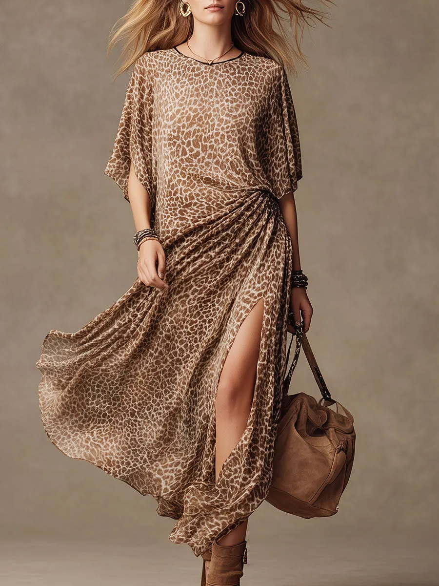 Loose-fitting Western Brown Leopard Print Slit Short-sleeved Faux Suede Midi Dress sold by Oyrosy