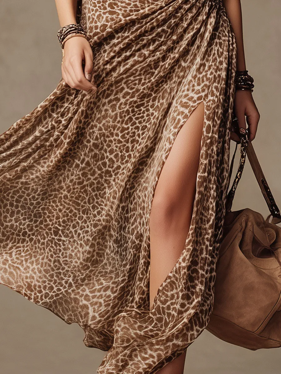 Loose-fitting Western Brown Leopard Print Slit Short-sleeved Faux Suede Midi Dress sold by Oyrosy product image thumbnail 4