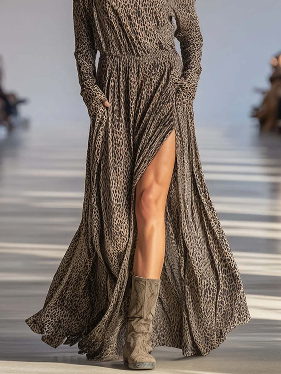 Leopard Print Off-the-shoulder Long-sleeved Double-pocket Chiffon Maxi Dress sold by Oyrosy product image thumbnail 3