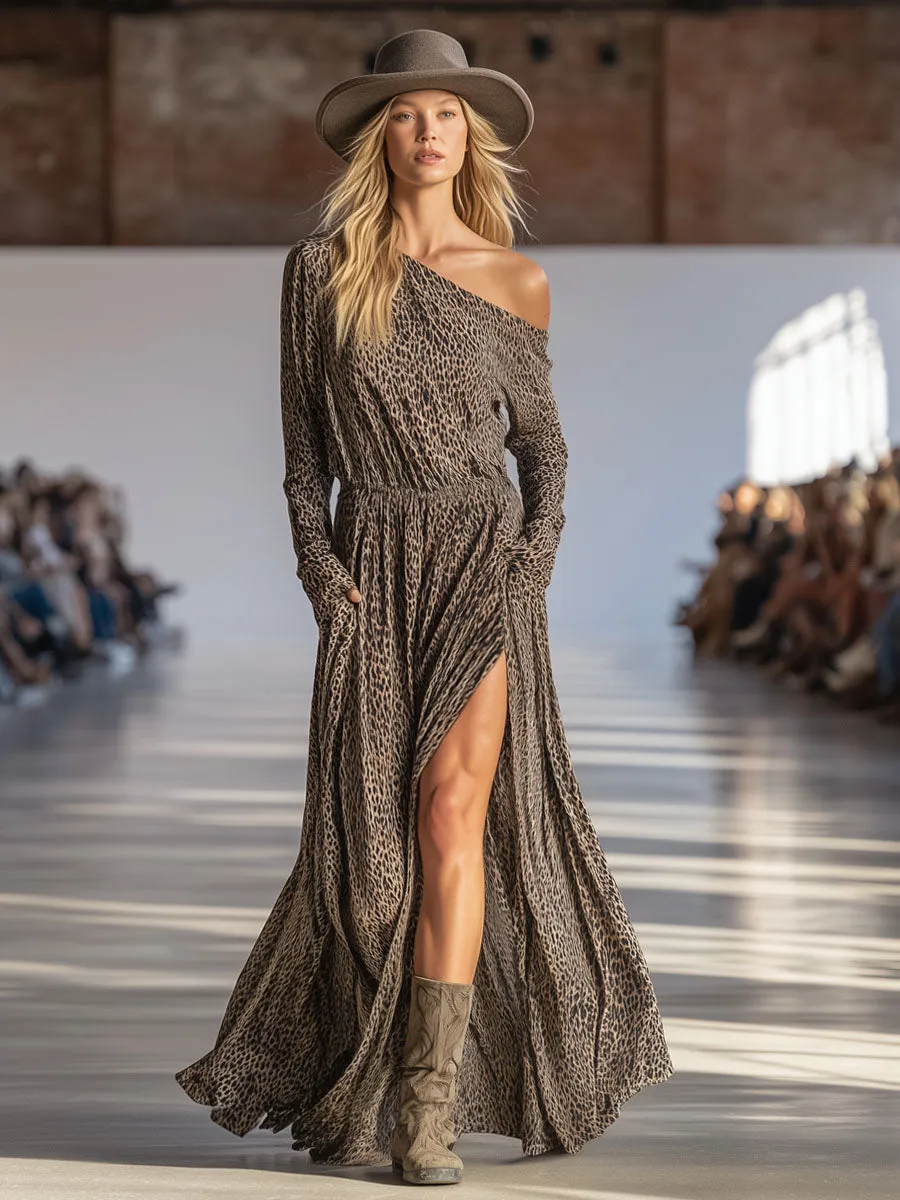 Leopard Print Off-the-shoulder Long-sleeved Double-pocket Chiffon Maxi Dress sold by Oyrosy product image thumbnail 4