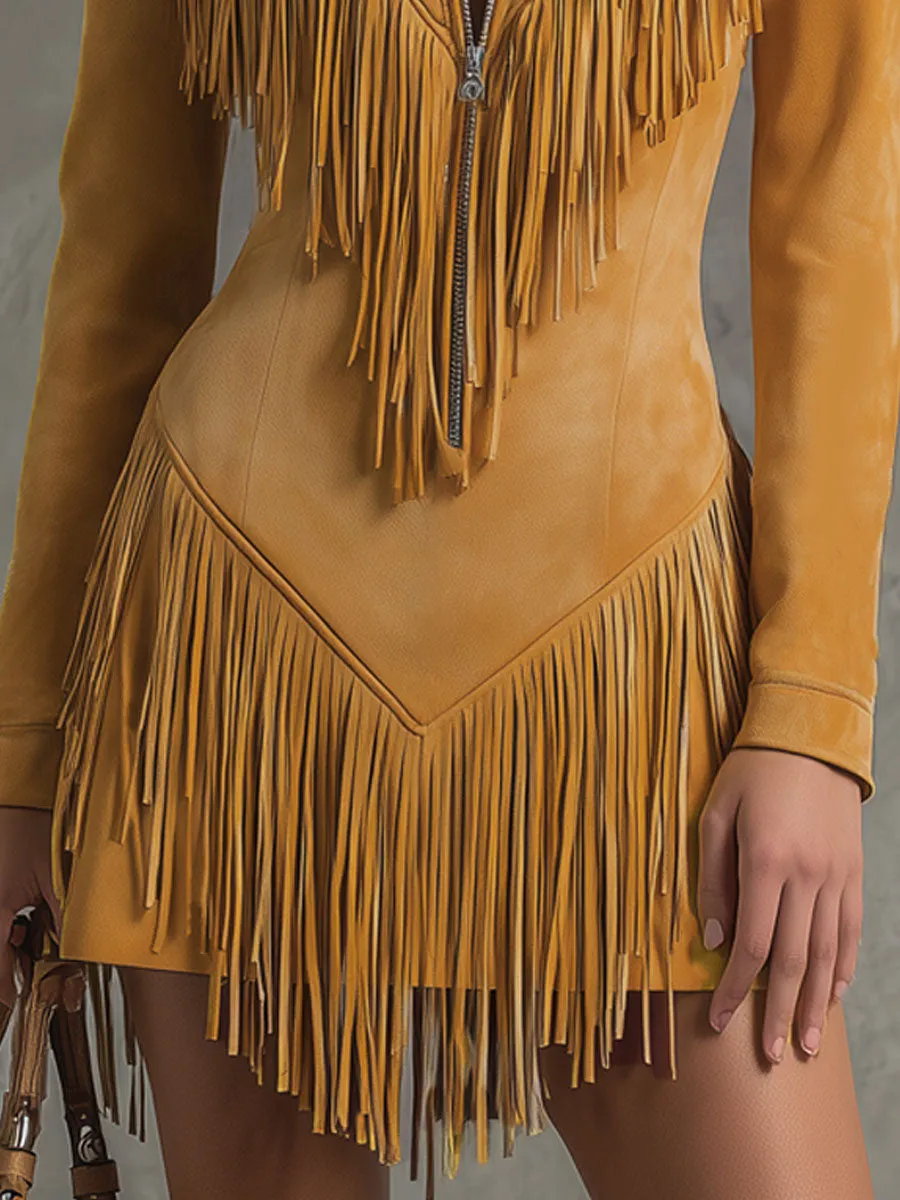 Stand-collar Zippered Fringed Faux Suede Long-sleeved Mini Dress sold by Oyrosy product image thumbnail 3