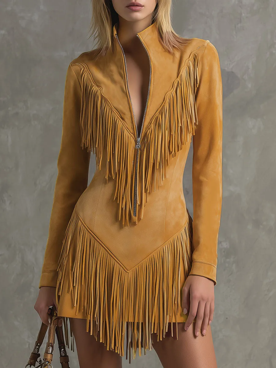Stand-collar Zippered Fringed Faux Suede Long-sleeved Mini Dress sold by Oyrosy