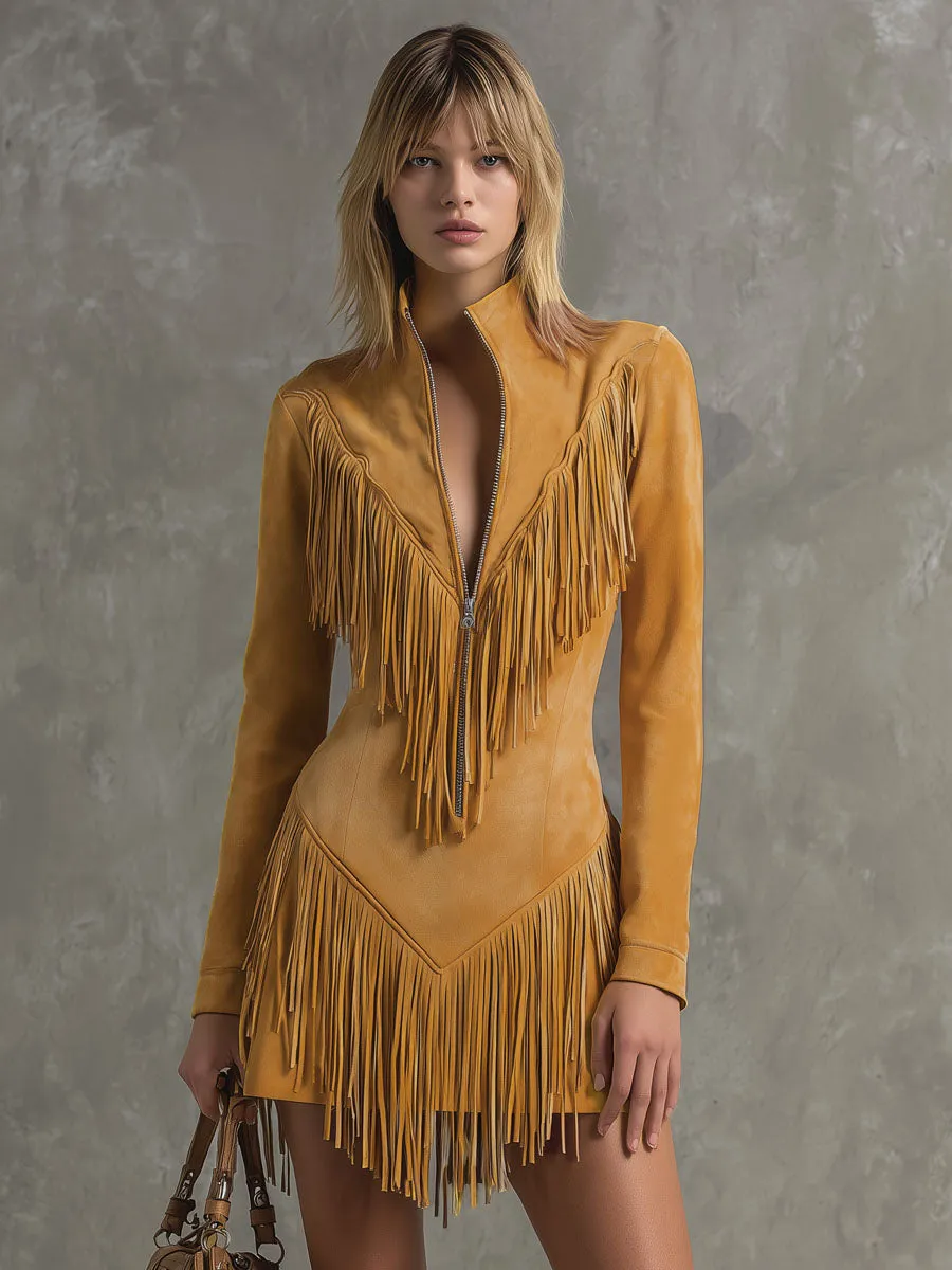 Stand-collar Zippered Fringed Faux Suede Long-sleeved Mini Dress sold by Oyrosy product image thumbnail 4
