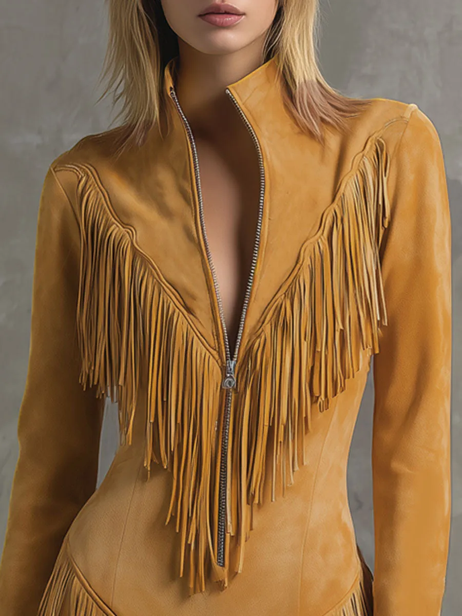 Stand-collar Zippered Fringed Faux Suede Long-sleeved Mini Dress sold by Oyrosy product image thumbnail 2