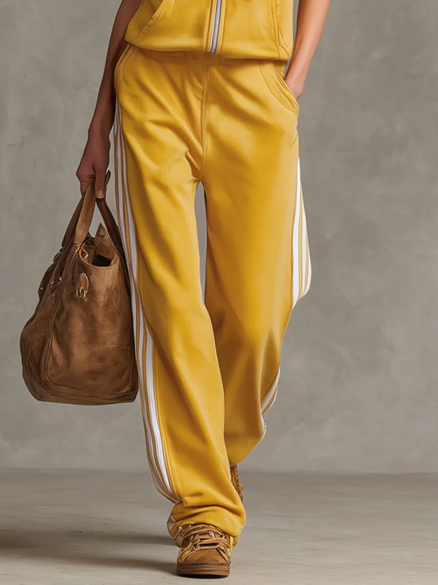 Sporty Retro Striped Yellow Cotton Blend Sleeveless Hooded Sweatshirt And Pants Set sold by Oyrosy product image thumbnail 4