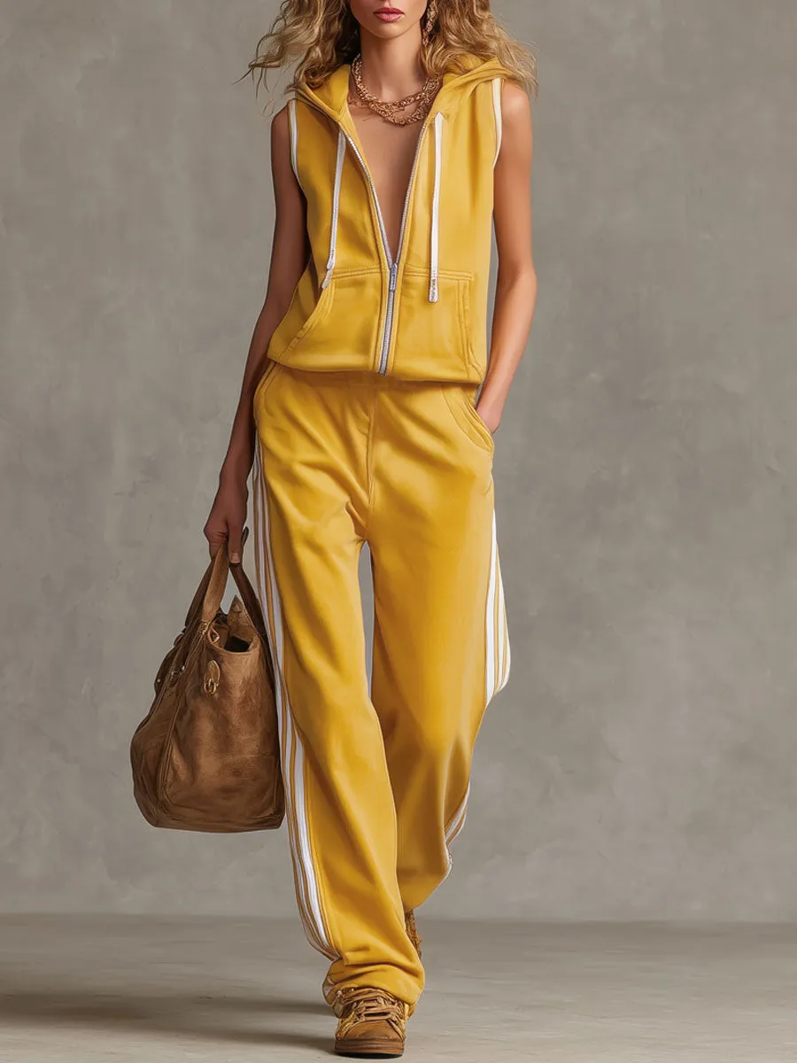Sporty Retro Striped Yellow Cotton Blend Sleeveless Hooded Sweatshirt And Pants Set sold by Oyrosy