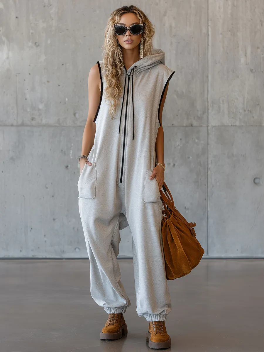 Sporty Retro White-grey Cotton Blend Sleeveless Hooded Jumpsuit sold by Oyrosy product image thumbnail 2