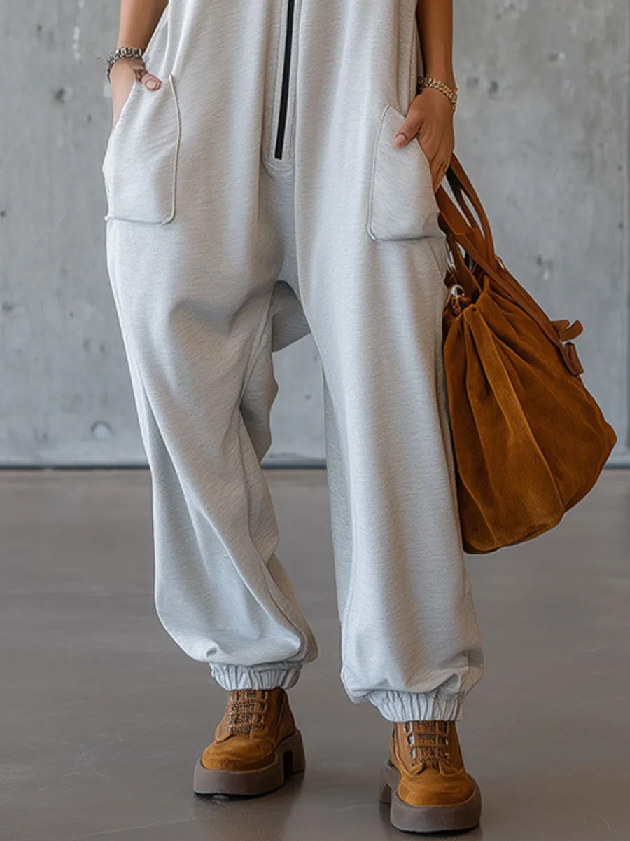 Sporty Retro White-grey Cotton Blend Sleeveless Hooded Jumpsuit sold by Oyrosy product image thumbnail 4