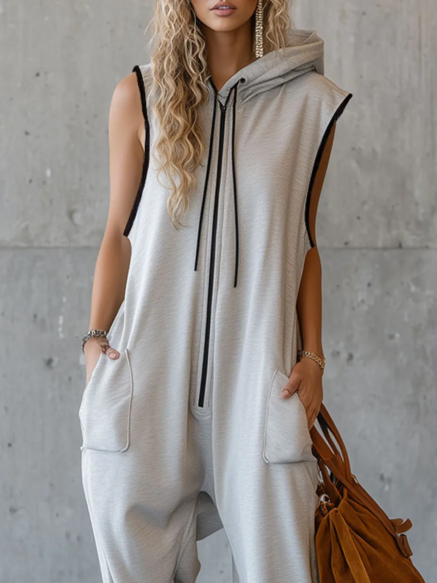 Sporty Retro White-grey Cotton Blend Sleeveless Hooded Jumpsuit sold by Oyrosy product image thumbnail 3
