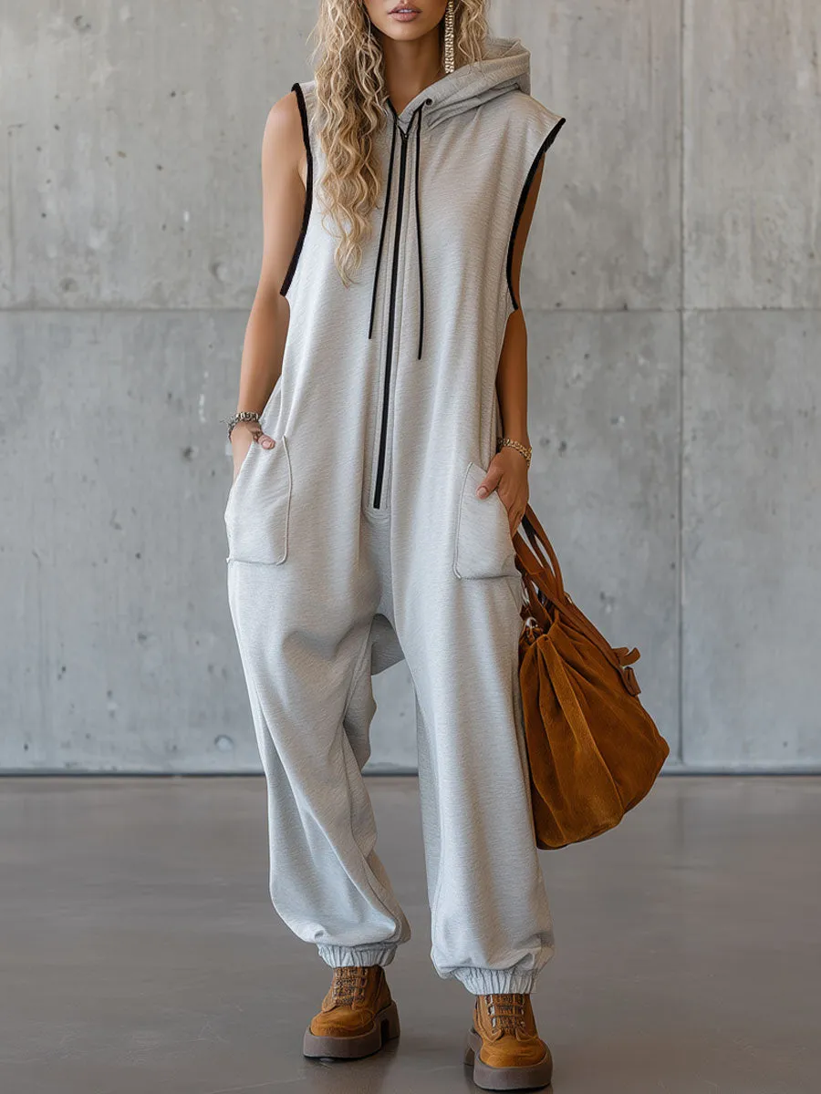 Sporty Retro White-grey Cotton Blend Sleeveless Hooded Jumpsuit sold by Oyrosy