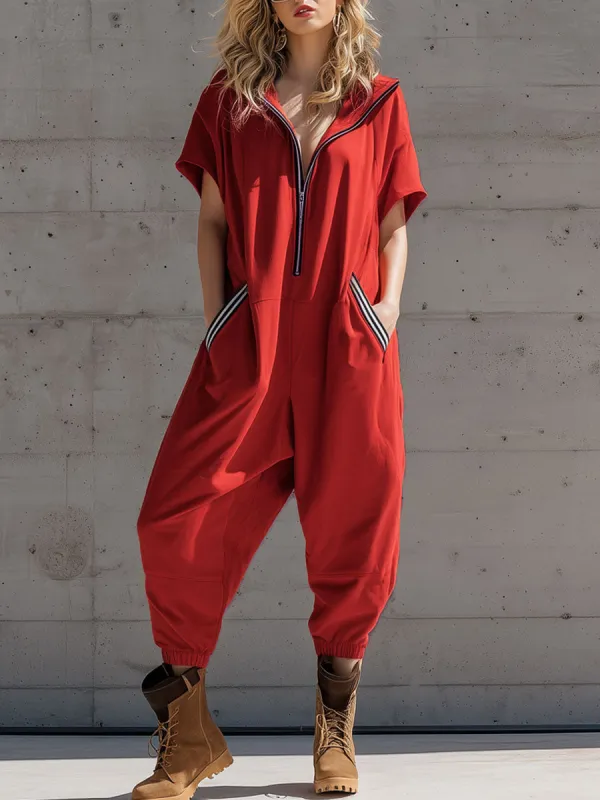 Sporty Retro Black And White Striped Red Cotton Blend Sleeveless Jumpsuit sold by Oyrosy