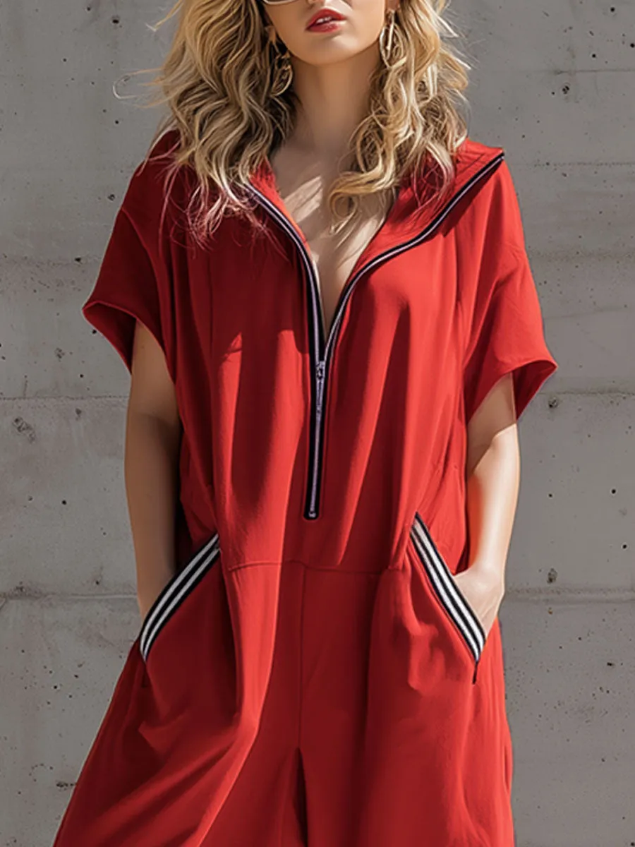 Sporty Retro Black And White Striped Red Cotton Blend Sleeveless Jumpsuit sold by Oyrosy product image thumbnail 3