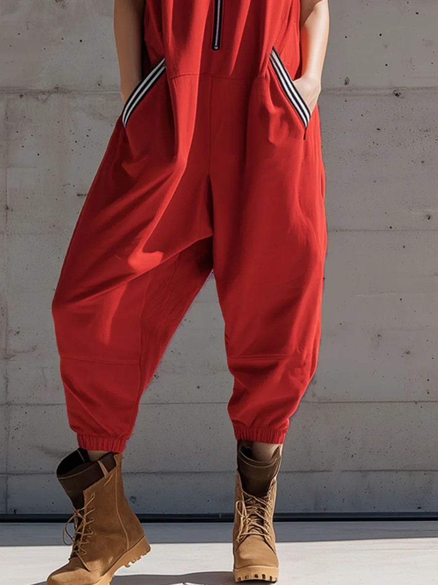 Sporty Retro Black And White Striped Red Cotton Blend Sleeveless Jumpsuit sold by Oyrosy product image thumbnail 4