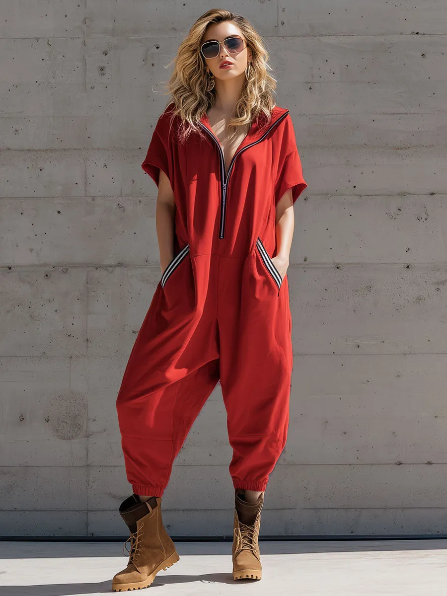 Sporty Retro Black And White Striped Red Cotton Blend Sleeveless Jumpsuit sold by Oyrosy product image thumbnail 2