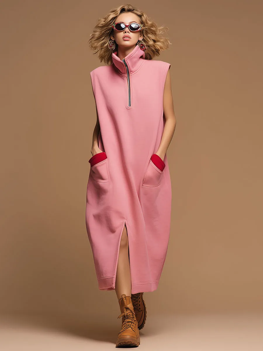 Sporty Retro Red Pocket Pink Cotton Blend Sleeveless Slit Midi Dress sold by Oyrosy product image thumbnail 2
