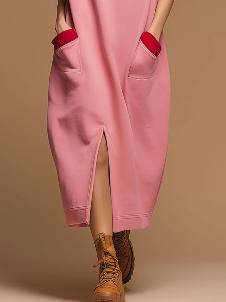 Sporty Retro Red Pocket Pink Cotton Blend Sleeveless Slit Midi Dress sold by Oyrosy product image thumbnail 4