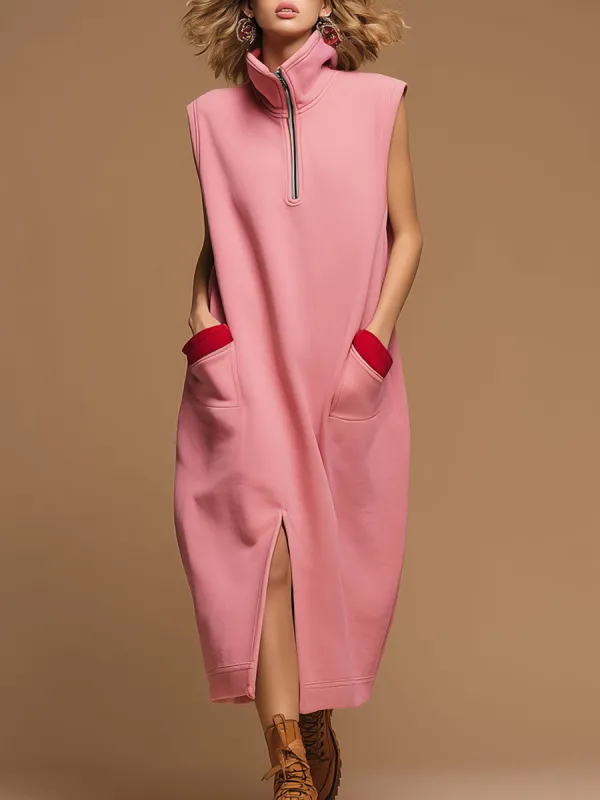 Sporty Retro Red Pocket Pink Cotton Blend Sleeveless Slit Midi Dress sold by Oyrosy