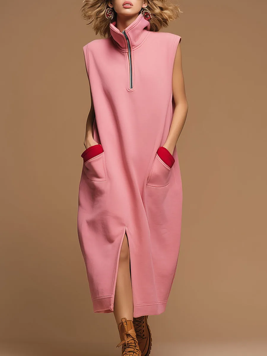 Sporty Retro Red Pocket Pink Cotton Blend Sleeveless Slit Midi Dress sold by Oyrosy