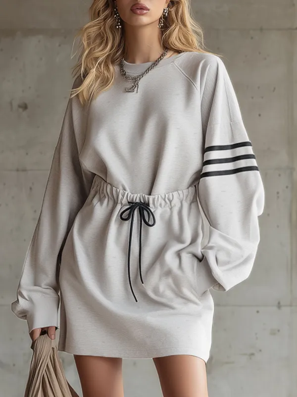 Sporty Retro Striped Grey And White Cotton Blend Long-sleeved Mini Dress sold by Oyrosy