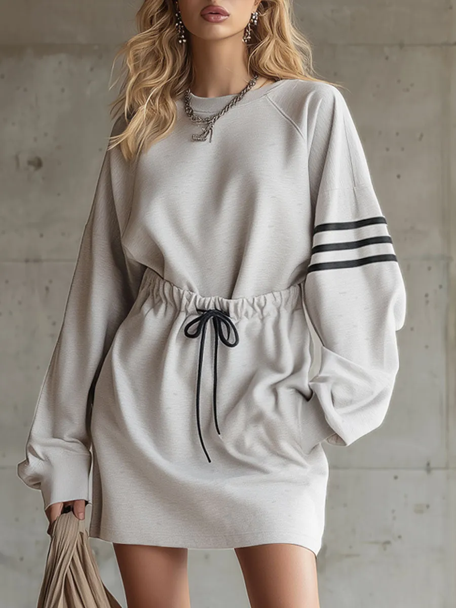 Sporty Retro Striped Grey And White Cotton Blend Long-sleeved Mini Dress sold by Oyrosy
