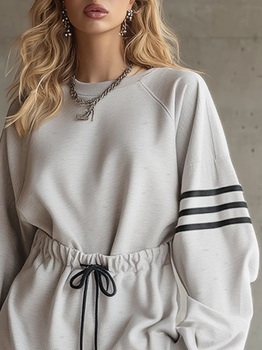 Sporty Retro Striped Grey And White Cotton Blend Long-sleeved Mini Dress sold by Oyrosy product image thumbnail 3