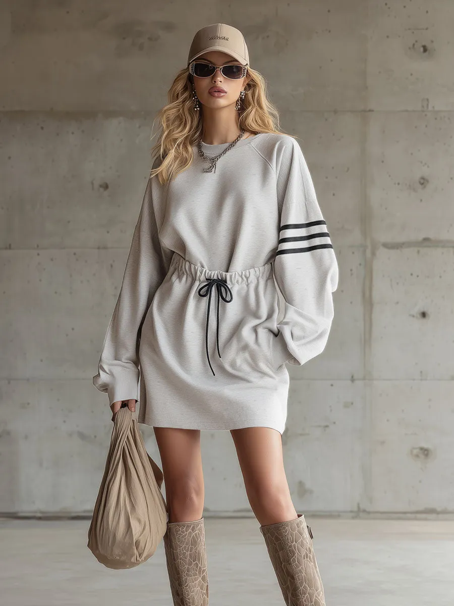 Sporty Retro Striped Grey And White Cotton Blend Long-sleeved Mini Dress sold by Oyrosy product image thumbnail 2