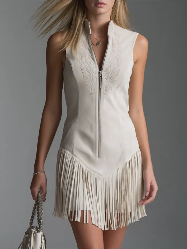 Stylish And Elegant Stand-up Collar Zipper Sleeveless Tassel Mini Dress sold by Oyrosy