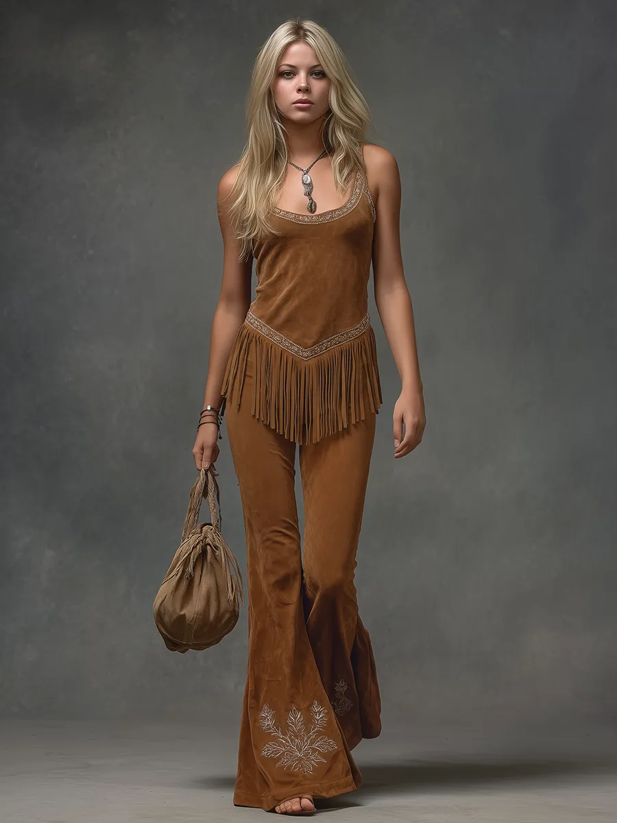 Retro-style Square-neck Embroidered Sleeveless Top And Flared Trousers Set sold by Oyrosy product image thumbnail 2