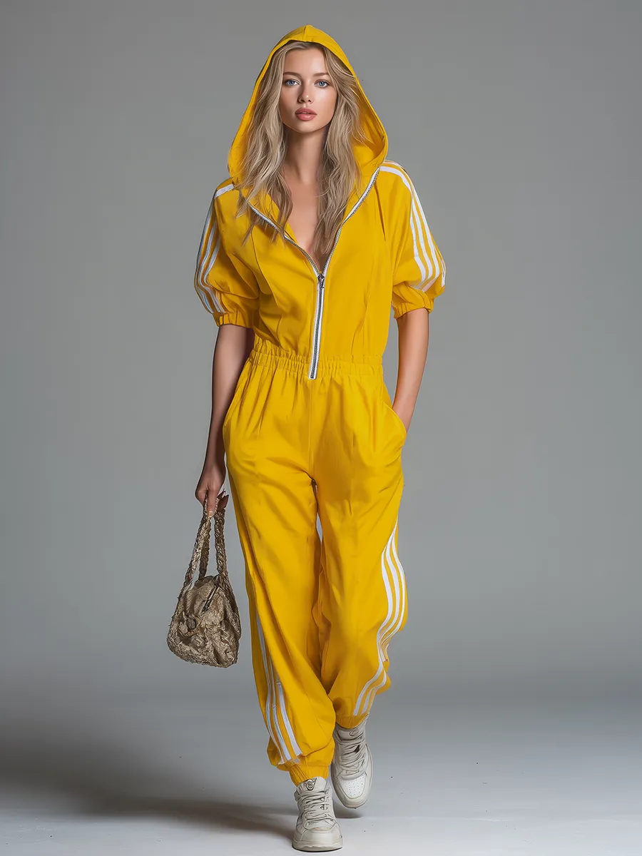 Athletic Casual Hooded Zippered Short-sleeved Jumpsuit sold by Oyrosy product image thumbnail 2