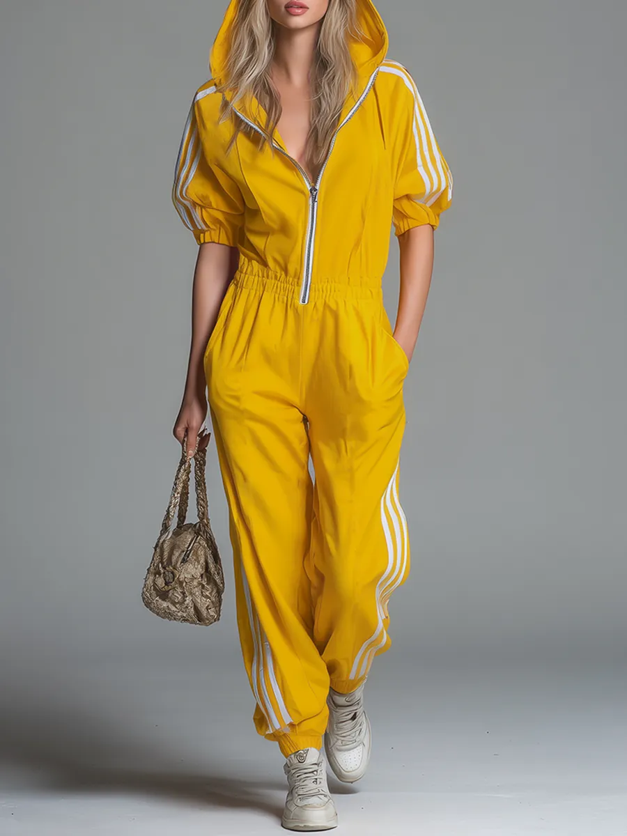 Athletic Casual Hooded Zippered Short-sleeved Jumpsuit sold by Oyrosy