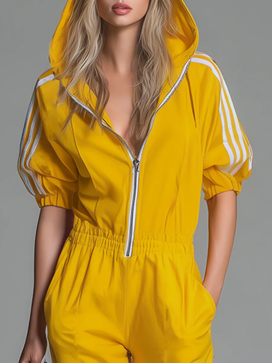 Athletic Casual Hooded Zippered Short-sleeved Jumpsuit sold by Oyrosy product image thumbnail 3