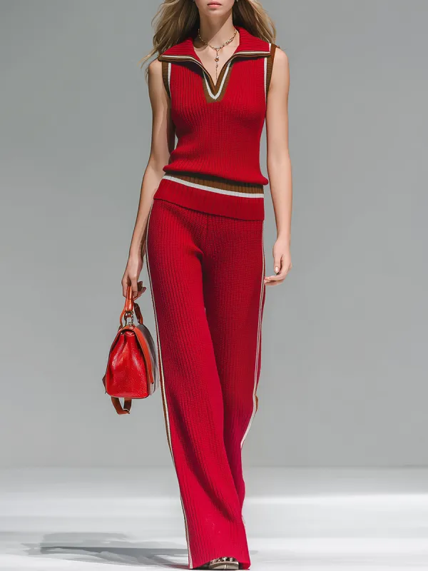 Stylish Sporty Collared Sleeveless Top And Loose-fitting Trousers Set sold by Oyrosy