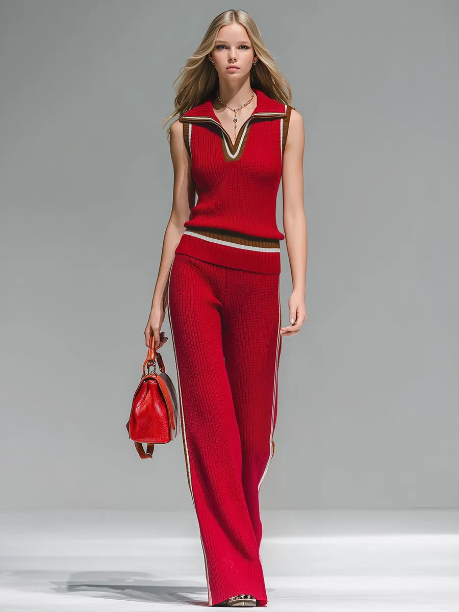 Stylish Sporty Collared Sleeveless Top And Loose-fitting Trousers Set sold by Oyrosy product image thumbnail 2